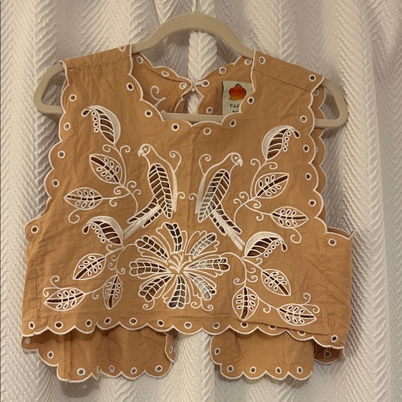 FARM Rio Tops - FARM Rio Tan Embroidered Scallop Crop Tank with White Cutwork